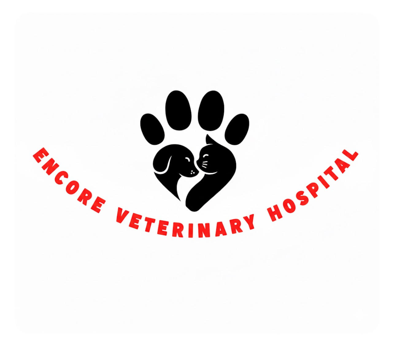 Encore Veterinary Hospital logo - paw print with dog and cat forming a heart shape